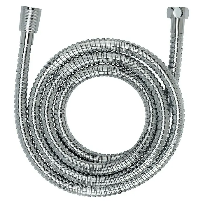 Wenko Flexo de ducha Inox - Largo: 150 cm, ½″, Acero inoxidable, Cromo - Una manguera de ducha cromada enrollada sobre un fondo negro. Manguera de ducha de alta calidad para tu baño.