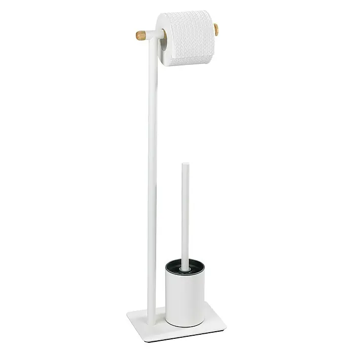 Wenko Conjunto de escobillero y portarrollos Macao - 15 x 21 x 70,5 cm, Acero, Blanco - Portarrollos de papel higiénico independiente con escobilla para baños. El producto es blanco e incluye un rollo de papel higiénico.