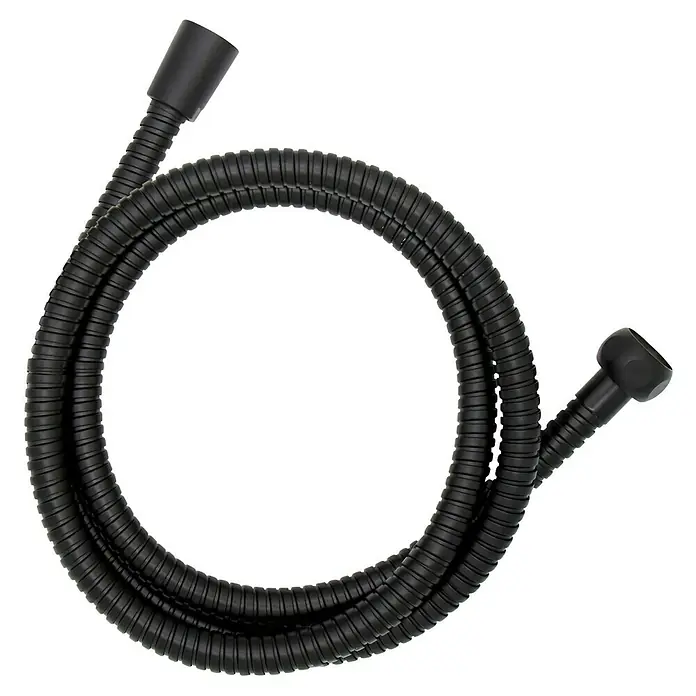 Wenko Flexo de ducha Inox - Largo: 150 cm, ½″, Acero inoxidable, Negro - Manguera de ducha negra sobre fondo negro. Flexible y duradera para baños modernos.