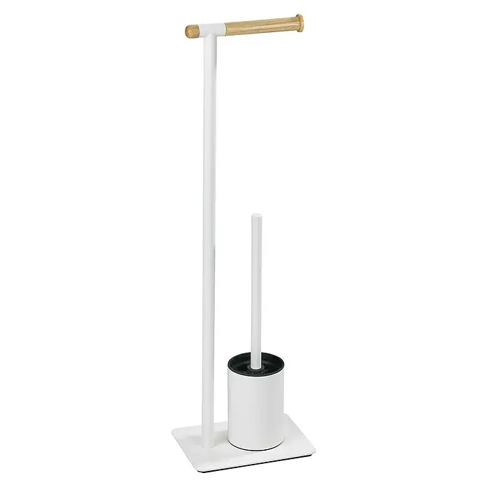 Wenko Conjunto de escobillero y portarrollos Macao - 15 x 21 x 70,5 cm, Acero, Blanco - Portarrollos de papel higiénico de pie con escobilla. Estructura metálica blanca y barra de madera para rollos de papel.