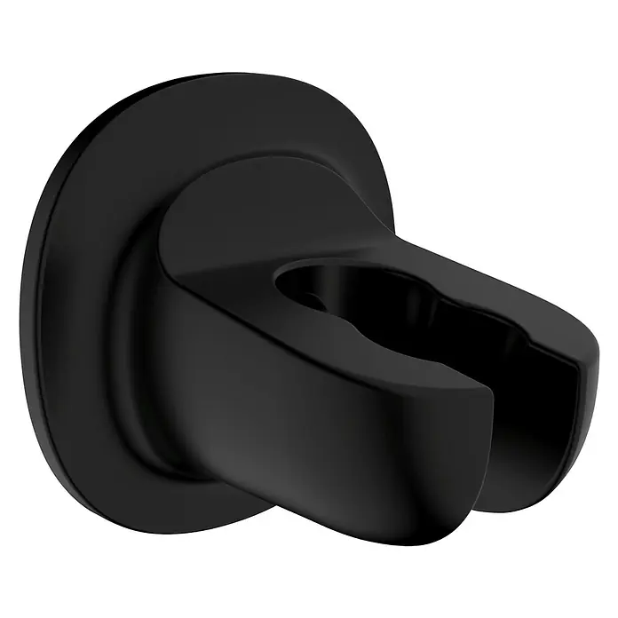 Wenko Soporte para ducha Libertà - Plástico, Negro - Primer plano de un soporte de cabezal de ducha negro mate, con un diseño moderno y elegante para un accesorio de baño con estilo.