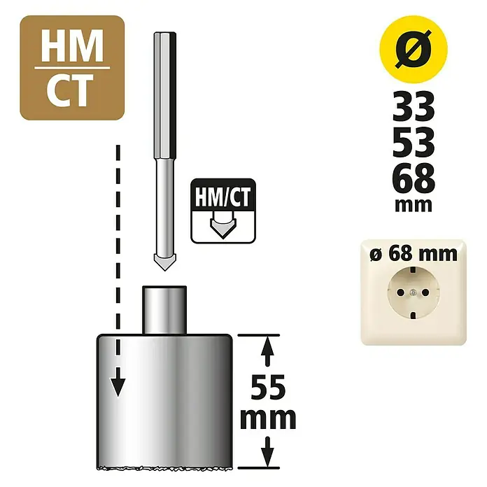 Wolfcraft Hohlbohrkronen-Set - 5 -tlg., Arbeitsdurchmesser: 33 mm - 68 mm, Schnitttiefe: 55 mm - Abbildung eines HM CT Bohrersatzes, der Bohrer, die Zentrierbohrung und die Lochsäge mit den Massangaben zeigt.