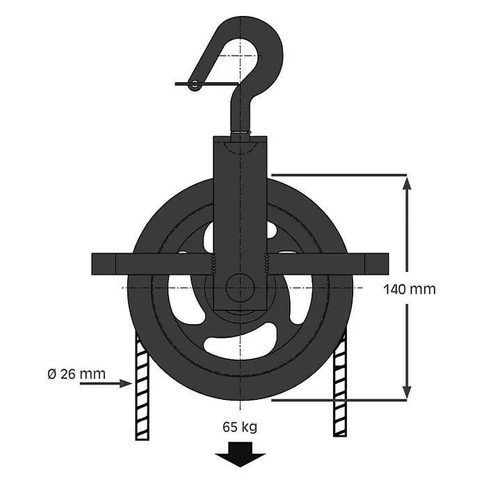 HBS Betz Seilrolle - Typ: Brunnenrolle, Grauguss, Traglast: 65 kg, Durchmesser: 140 mm, 1 Stk. - Ansicht einer Umlenkrolle mit den Maßen 140 mm Höhe, 26 mm Durchmesser und einer Traglast von 65 kg.
