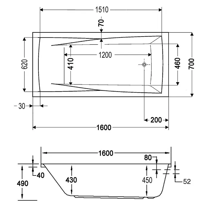 Ottofond Badewanne Santos - 160 x 70 cm, Sanitäracryl, Weiß - Technische Zeichnung einer Badewanne mit Größenangaben.