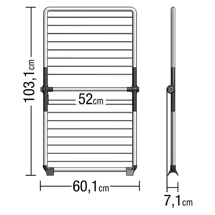 Juwel Stand-Wäscheständer SuperDry Wing - Länge Wäscheleine: 8,8 m, L x B x H: 103,1 x 60,1 x 7,1 cm, Weiß/Mint - Darstellung eines Wäscheständers mit Maßangaben.
