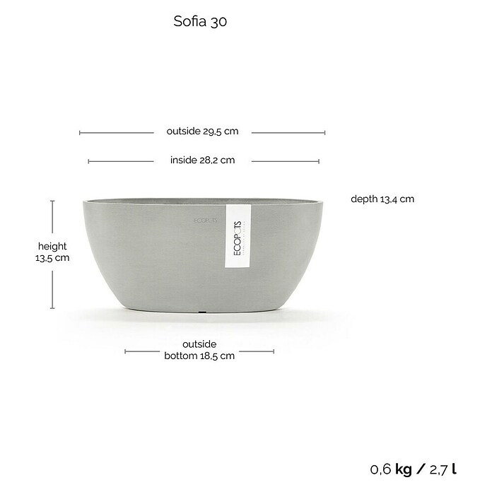 Ecopots Sofia Pflanzschale Oval (L x B x H: 30 x 13 x 13,5 cm, Weißgrau) | BAUHAUS