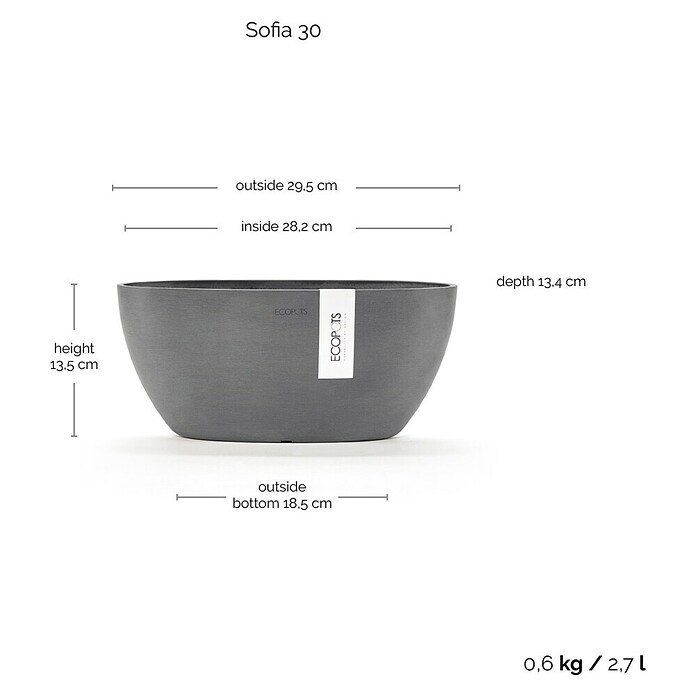 Ecopots Sofia Pflanzschale Oval (L x B x H: 30 x 13 x 13,5 cm, Grau) | BAUHAUS