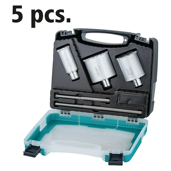 Wolfcraft Hohlbohrkronen-Set - 5 -tlg., Arbeitsdurchmesser: 33 mm - 68 mm, Schnitttiefe: 55 mm - Ein Set mit fünf Diamantbohrkronen in einer praktischen Aufbewahrungsbox für präzise Bohrarbeiten in verschiedenen Materialien.