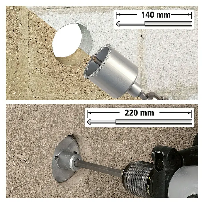 Wolfcraft Hohlbohrkronen-Set - 5 -tlg., Arbeitsdurchmesser: 33 mm - 68 mm, Schnitttiefe: 55 mm - Zwei Bilder von Diamantbohrkronen zum Bohren von Löchern in Mauerwerk mit den Größen 140 mm und 220 mm.