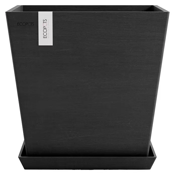 Ecopots Rotterdam Pflanzkasten mit Wasserspeicher - Außenmaß (L x B x H): 35 x 35 x 34,4 cm, Kunststoff, Dunkelgrau - Dunkelgrauer strukturierter quadratischer Pflanzkübel mit passendem Untersetzer.