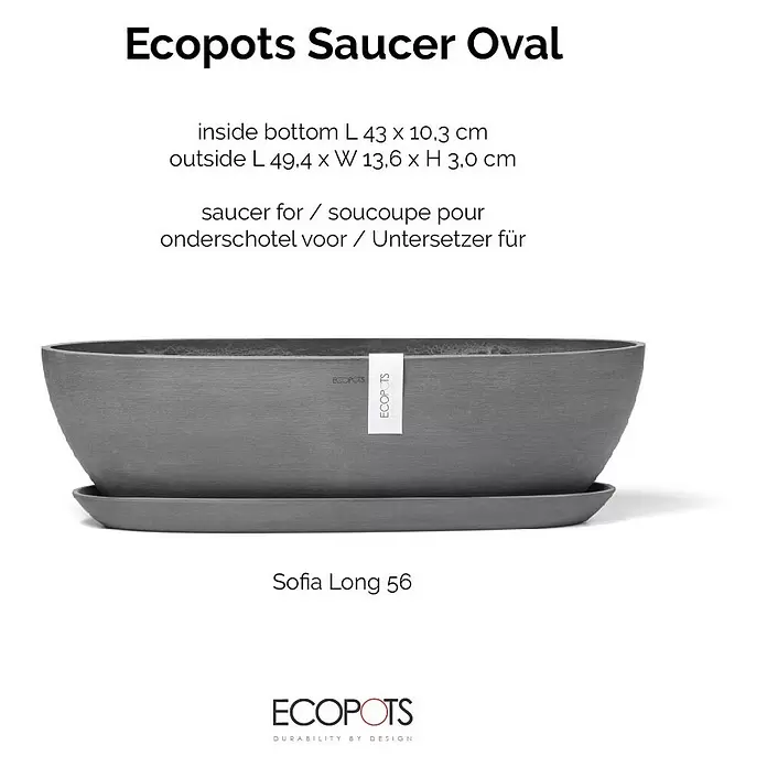 Ecopots Sofia Blumentopf-Untersetzer Lang - Außenmaß (L x B x H): 48,4 x 10,3 x 3 cm, Kunststoff, Grau - Dunkelgrauer ovaler Ecopots Untersetzer für einen Pflanzkübel.