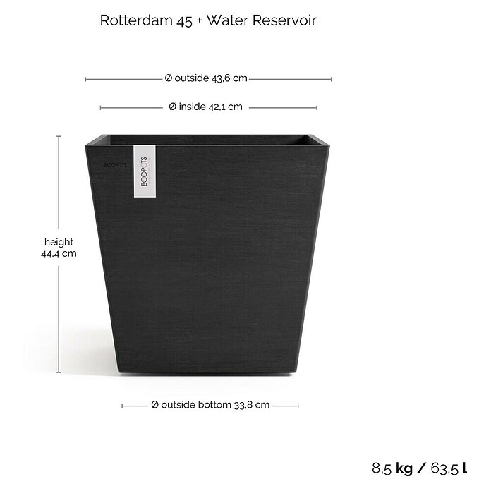 Ecopots Rotterdam Pflanzkasten mit Wasserspeicher (Außenmaß (L x B x H): 45,4 x 45,4 x 44 cm, Kunststoff, Dunkelgrau) | BAUHAUS