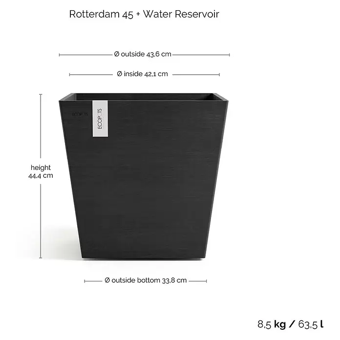 Ecopots Rotterdam Pflanzkasten mit Wasserspeicher - Außenmaß (L x B x H): 43,6 x 43,6 x 42,5 cm, Kunststoff, Dunkelgrau - Dunkelgrauer ECOPOTS 'Rotterdam 45' Pflanzkübel. Höhe 44,4cm, oben 43,6cm, unten 33,8cm, 63,5L Volumen.