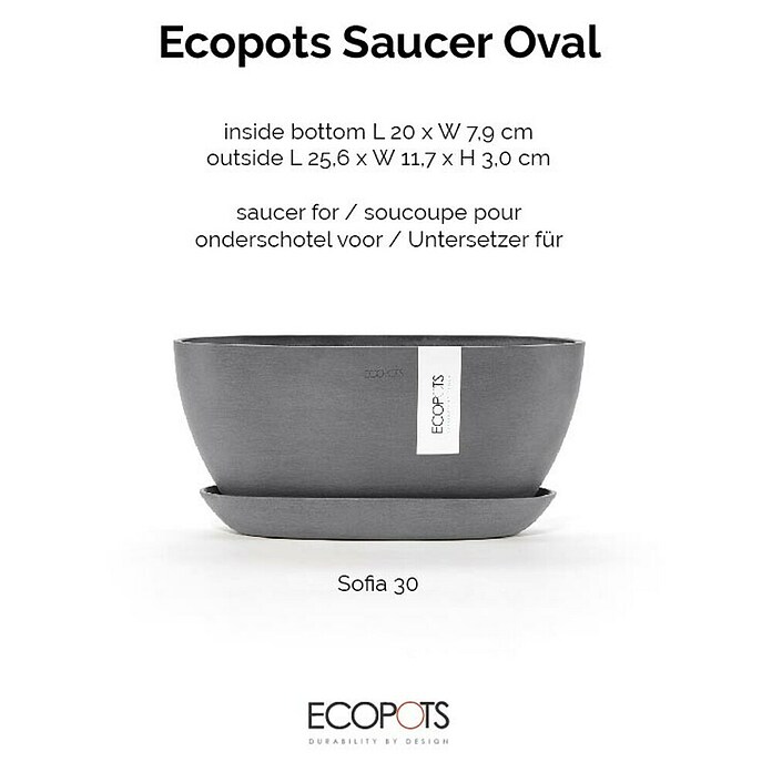 Ecopots Sofia Blumentopf-Untersetzer Oval (Außenmaß (L x B x H): 25,6 x 11,7 x 3 cm, Kunststoff, Grau) | BAUHAUS