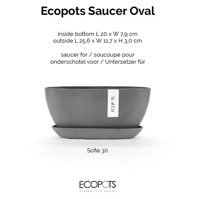 Ecopots Sofia Blumentopf-Untersetzer Oval - Außenmaß (L x B x H): 24,9 x 7,9 x 3 cm, Kunststoff, Grau - Graue ovale Ecopots Untertasse mit passendem Übertopf, für Langlebigkeit konzipiert.