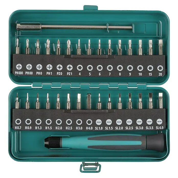 Wolfcraft Micro-Bit-Set - 32 -tlg., Geeignet für: Arbeiten an schwer zugänglichen Stellen - Ein grüner Werkzeugkasten mit verschiedenen Schraubendreher-Bits, einschließlich Schlitz, Kreuzschlitz, Torx und Sechskant, für diverse Reparaturen.