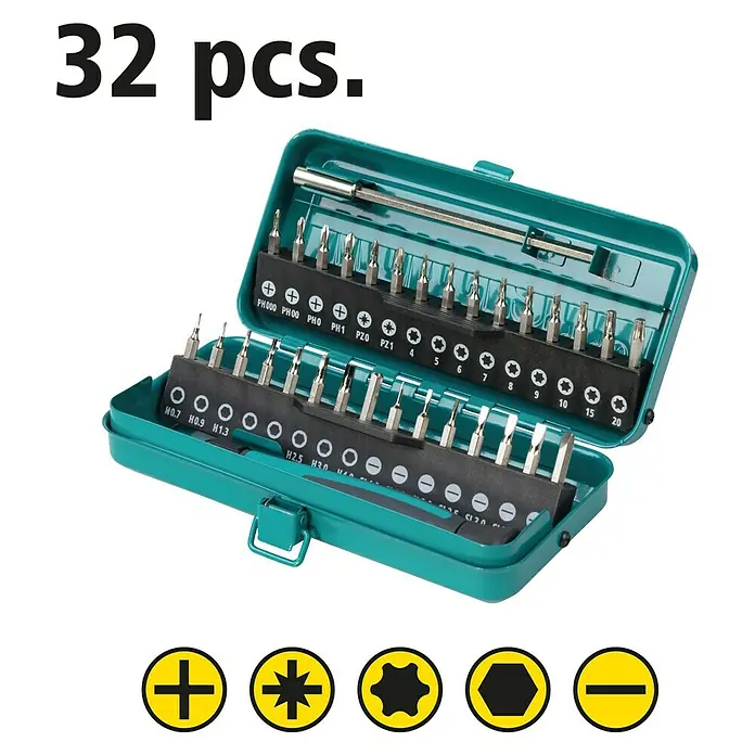 Wolfcraft Micro-Bit-Set - 32 -tlg., Geeignet für: Arbeiten an schwer zugänglichen Stellen - 32-teiliges Schraubendreher-Bit-Set in einer grünen Metallbox mit verschiedenen Bit-Typen und Größen für vielfältige Schraubarbeiten.