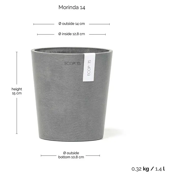 Ecopots Orchideentopf Morinda - Außenmaß (Ø x H): 14 x 16 cm, Kunststoff, Grau - Abgebildet ist ein grauer Pflanztopf Morinda 14 von Ecopots mit den Maßen Höhe 15 cm, Außendurchmesser 14 cm und einem Volumen von 1,4 l.