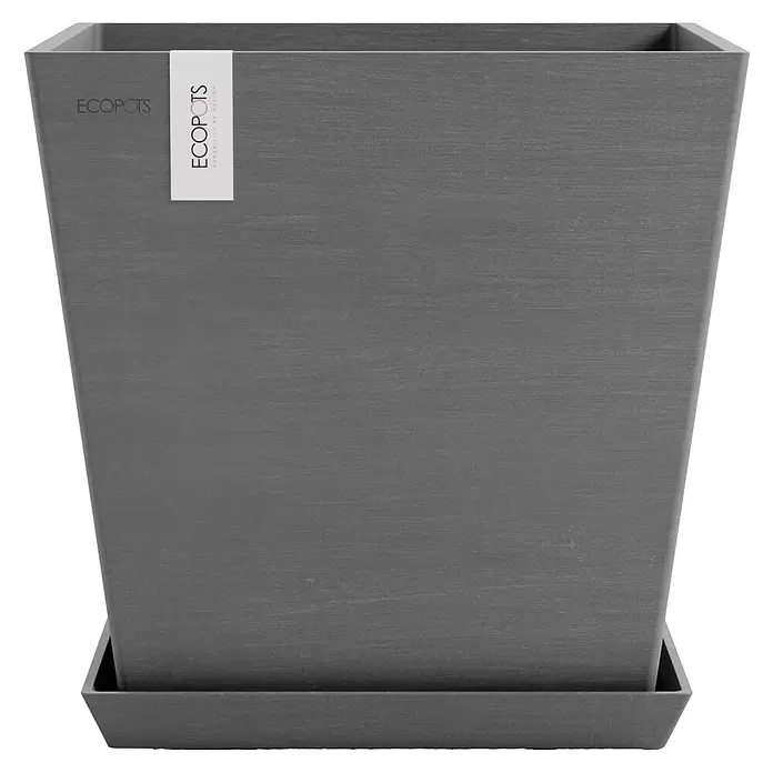 Ecopots Rotterdam Pflanzkasten mit Wasserspeicher - Außenmaß (L x B x H): 35 x 35 x 34,4 cm, Kunststoff, Grau - Dunkelgrauer, texturierter, quadratischer ECOPOTS Blumentopf mit passendem Untersetzer.