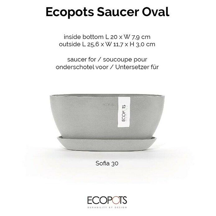 Ecopots Sofia Blumentopf-Untersetzer Oval (Außenmaß (L x B x H): 25,6 x 11,7 x 3 cm, Kunststoff, Weißgrau) | BAUHAUS