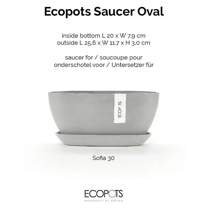 Ecopots Sofia Blumentopf-Untersetzer Oval - Außenmaß (L x B x H): 24,9 x 7,9 x 3 cm, Kunststoff, Weißgrau - Grauer ovaler Ecopots Untersetzer für Pflanztöpfe.