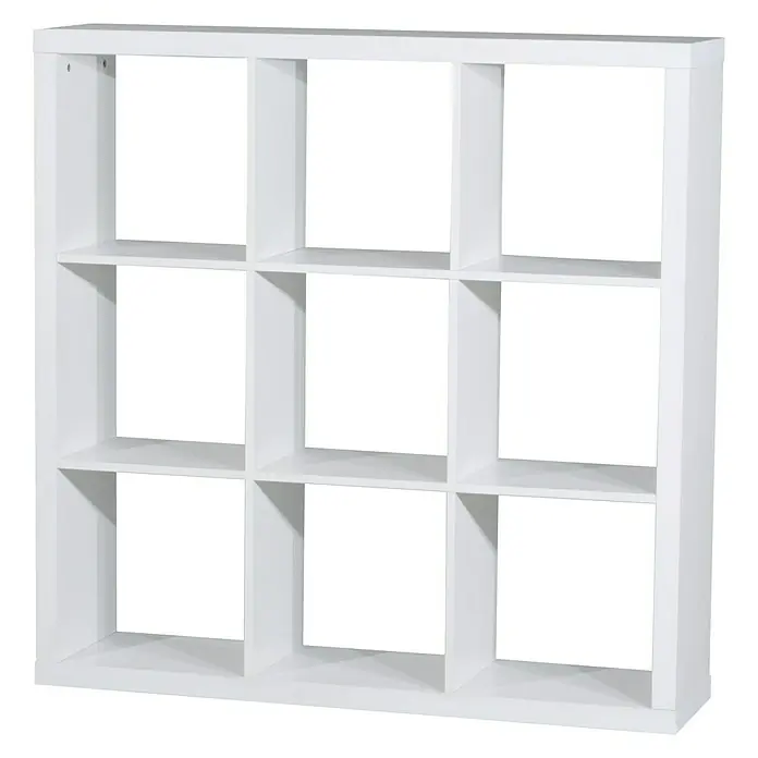 Estantería de madera Kubox - Al x An x Pr: 118 x 111 x 29 cm, Número de baldas: 9 ud., Blanco - Estantería blanca con nueve compartimentos, ideal para almacenar y exhibir objetos en la sala de estar.