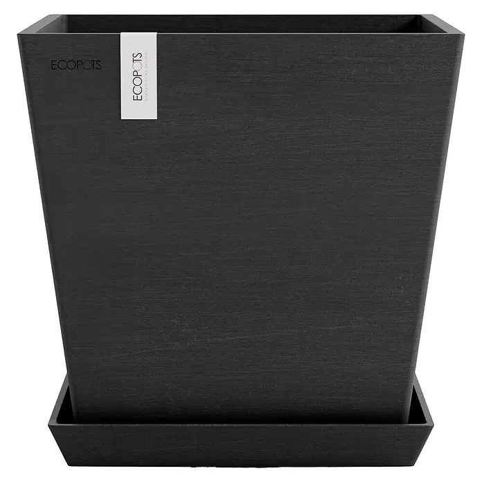 Ecopots Rotterdam Pflanzkasten mit Wasserspeicher - Außenmaß (L x B x H): 25 x 25 x 24,6 cm, Kunststoff, Dunkelgrau - Strukturierter dunkelgrauer Ecopots quadratischer Blumentopf mit passendem Untersetzer.