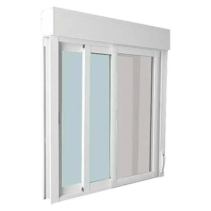 Solid Elements Ventana de aluminio con mosquitera - 100 x 115 cm, Blanco - Primer plano de una ventana corredera blanca con cajón de persiana enrollable. Ideal para la arquitectura moderna y la optimización de la luz ambiental.