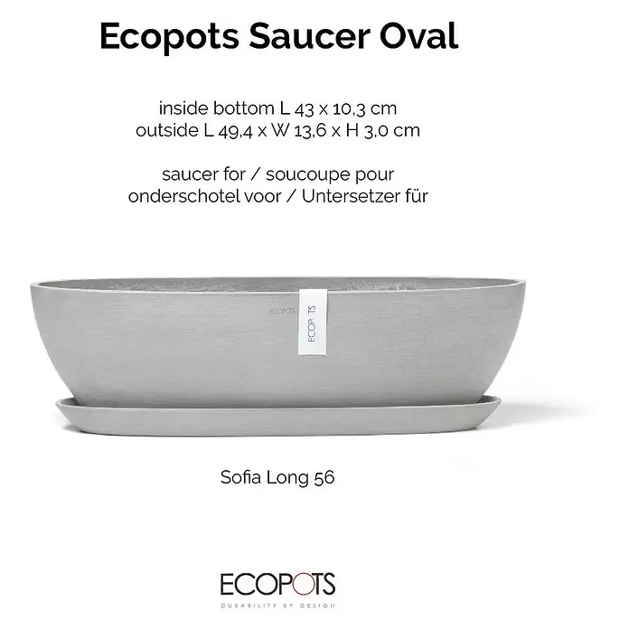 Ecopots Sofia Blumentopf-Untersetzer Lang - Außenmaß (L x B x H): 48,4 x 10,3 x 3 cm, Kunststoff, Weißgrau - Hellgraue ovale Ecopots Untertasse für Pflanzgefäße.