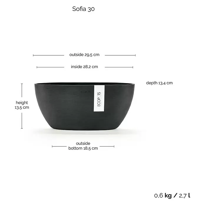 Ecopots Sofia Pflanzschale rund Oval - Dunkelgrau - Dunkelgrauer runder ECOPOTS Sofia 30 Pflanztopf, 29,5 cm Durchmesser, 13,5 cm hoch, 2,7 L Fassungsvermögen.