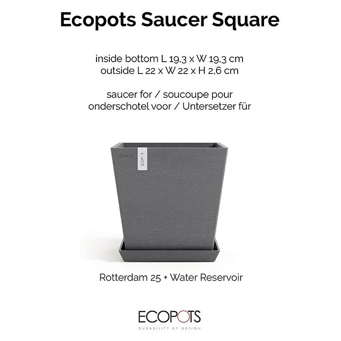 Ecopots Rotterdam Kasten-Untersetzer (22 x 22 x 2,5 cm, Kunststoff, Grau) | BAUHAUS