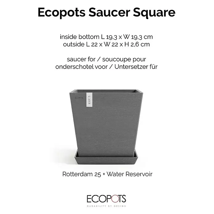 Ecopots Rotterdam Kasten-Untersetzer22 x 22 x 2,5 cm, Kunststoff, Grau