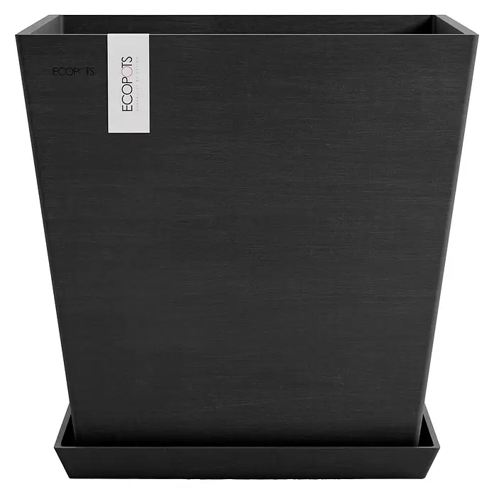 Ecopots Rotterdam Pflanzkasten mit Wasserspeicher - Außenmaß (L x B x H): 43,6 x 43,6 x 42,5 cm, Kunststoff, Dunkelgrau - Dunkelgrauer, strukturierter quadratischer Pflanztopf mit passendem Untersetzer und ECOPOTS Etikett.