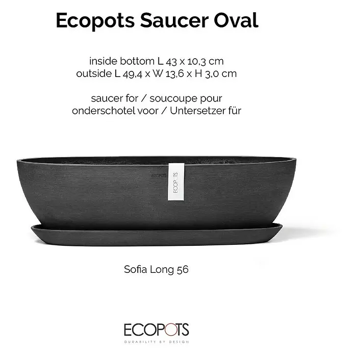 Ecopots Sofia Blumentopf-Untersetzer Lang - Außenmaß (L x B x H): 48,4 x 10,3 x 3 cm, Kunststoff, Dunkelgrau - Dunkelgraue ovale Ecopots Pflanzenuntertasse mit passendem Pflanzgefäß darauf, Modell Sofia Long 56.