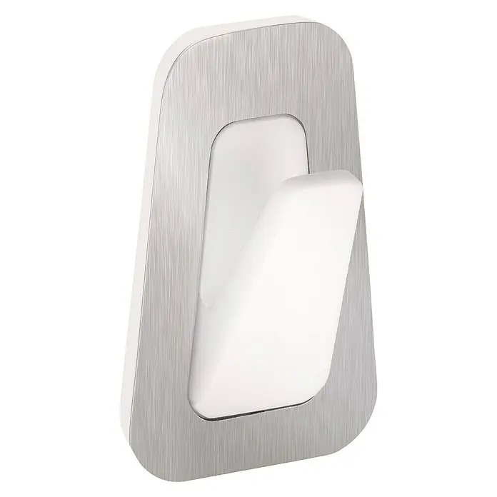 Tesa Powerstrips Waterproof Colgador adhesivo L - Acero inoxidable, Plateado/Blanco - Un elegante y moderno gancho de pared en blanco y plata, ideal para baño o recibidor. El diseño minimalista se integra perfectamente con cualquier decoración.