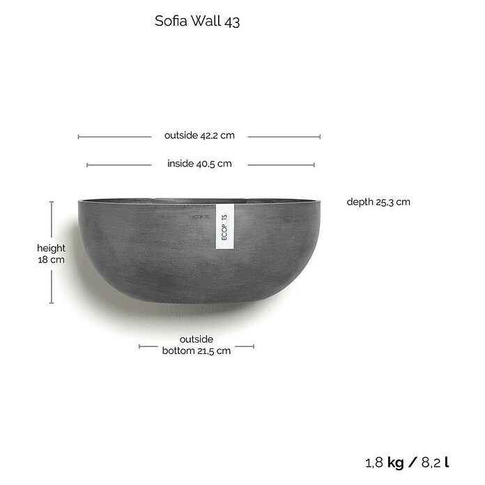 Ecopots Sofia Pflanztopf Wall (L x B x H: 43 x 25 x 17,5 cm, Kunststoff, Grau) | BAUHAUS