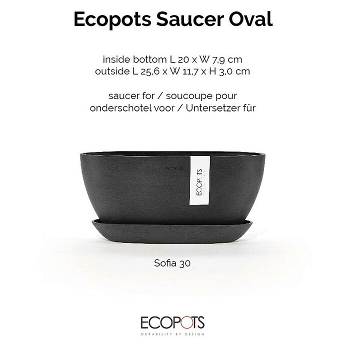 Ecopots Sofia Blumentopf-Untersetzer Oval (Außenmaß (L x B x H): 25,6 x 11,7 x 3 cm, Kunststoff, Dunkelgrau) | BAUHAUS