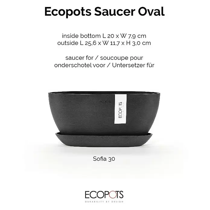 Ecopots Sofia Blumentopf-Untersetzer Oval - Außenmaß (L x B x H): 24,9 x 7,9 x 3 cm, Kunststoff, Dunkelgrau - Ovaler dunkelgrauer Ecopots Untersetzer, mit passendem strukturiertem Pflanztopf.