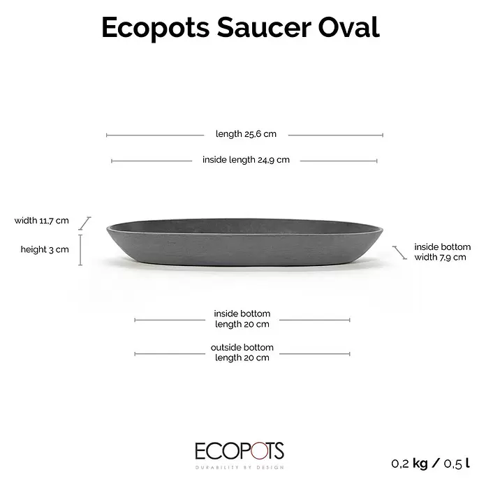 Ecopots Sofia Blumentopf-Untersetzer Oval - Außenmaß (L x B x H): 24,9 x 7,9 x 3 cm, Kunststoff, Grau - Dunkelgrauer Ecopots ovaler Untersetzer mit Maßen.
