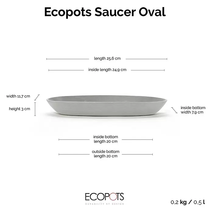 Ecopots Sofia Blumentopf-Untersetzer Oval - Außenmaß (L x B x H): 24,9 x 7,9 x 3 cm, Kunststoff, Weißgrau - Hellgrauer Ecopots ovaler Untersetzer, mit Maßen angegeben.