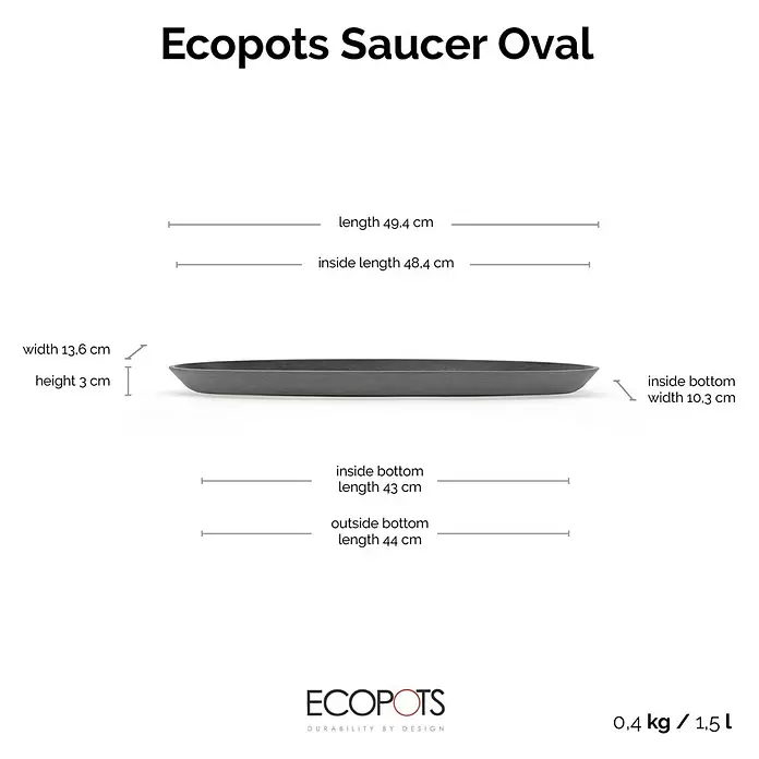 Ecopots Sofia Blumentopf-Untersetzer Lang - Außenmaß (L x B x H): 48,4 x 10,3 x 3 cm, Kunststoff, Grau - Dunkelgrauer ovaler Ecopots Untersetzer mit Maßen: Länge 49,4 cm, Breite 13,6 cm, Höhe 3 cm, 0,4 kg, 1,5 L.