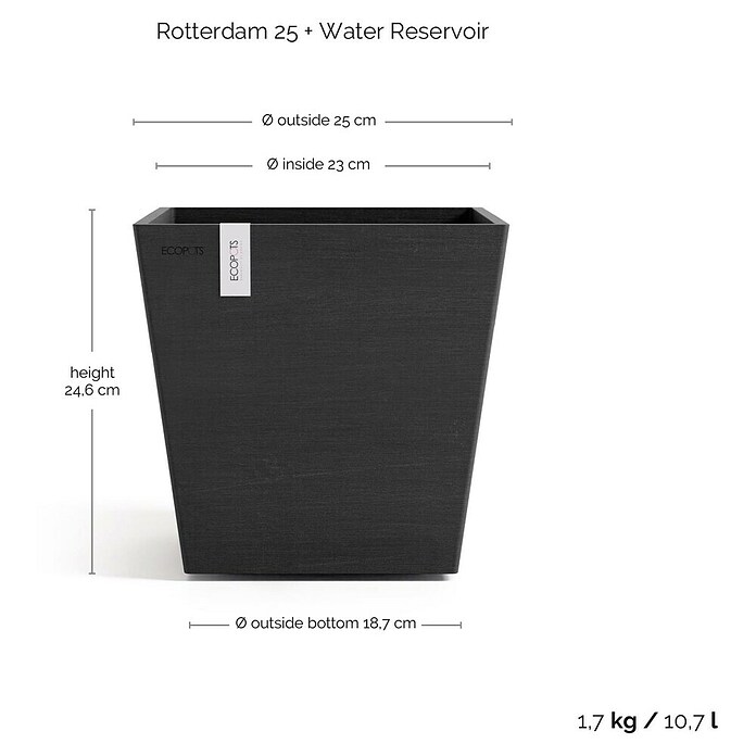 Ecopots Rotterdam Pflanzkasten mit Wasserspeicher (Außenmaß (L x B x H): 25,2 x 25,2 x 24,5 cm, Kunststoff, Dunkelgrau) | BAUHAUS