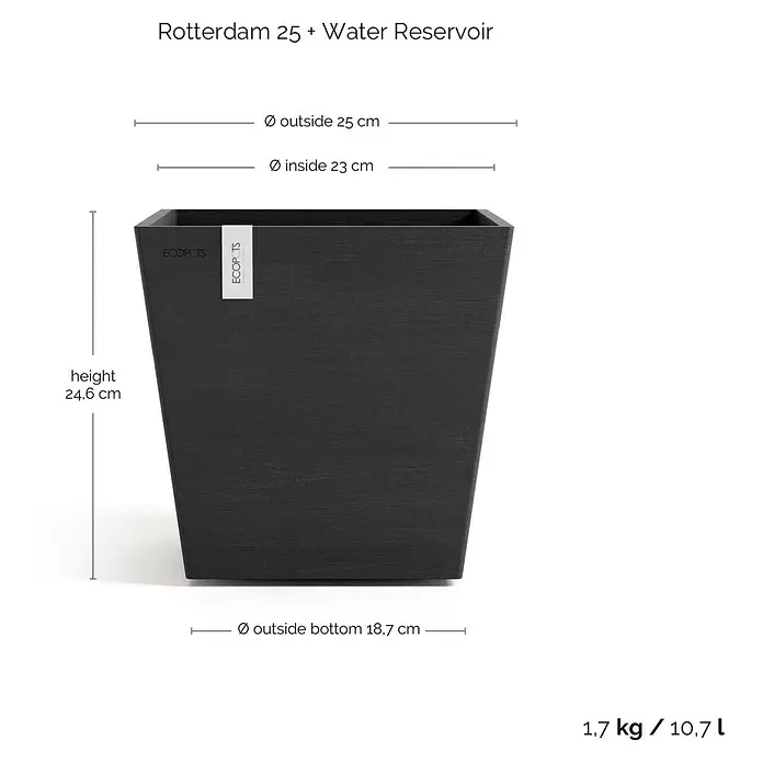 Ecopots Rotterdam Pflanzkasten mit Wasserspeicher - Außenmaß (L x B x H): 25 x 25 x 24,6 cm, Kunststoff, Dunkelgrau - Dunkelgrauer, texturierter ECOPOTS Pflanztopf mit Wasserreservoir. Ø oben 25cm, Höhe 24,6cm, 10,7L Volumen.