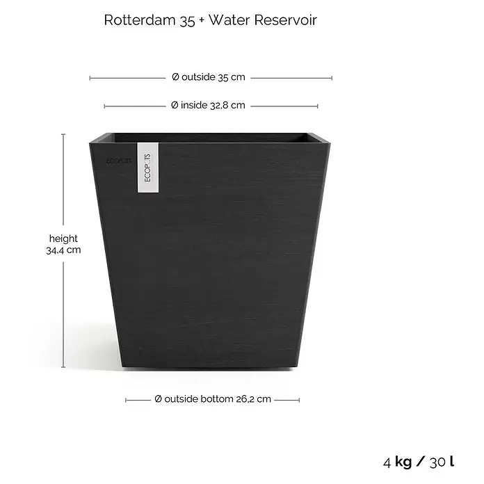 Ecopots Rotterdam Pflanzkasten mit Wasserspeicher - Außenmaß (L x B x H): 35 x 35 x 34,4 cm, Kunststoff, Dunkelgrau - Dunkelgrauer rechteckiger ECOPOTS Pflanzkübel mit Wasserspeicher, Maße angegeben.