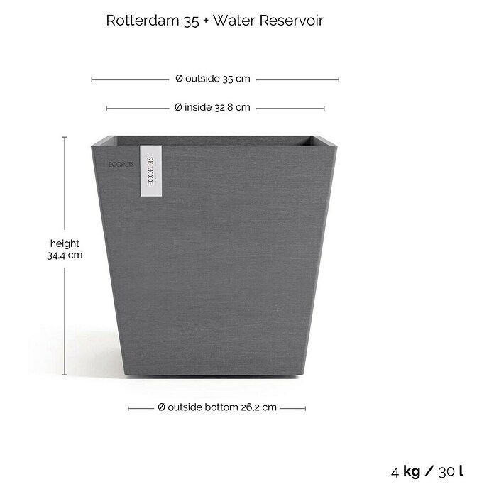 Ecopots Rotterdam Pflanzkasten mit Wasserspeicher (Außenmaß (L x B x H): 35,2 x 35,2 x 34 cm, Kunststoff, Grau) | BAUHAUS