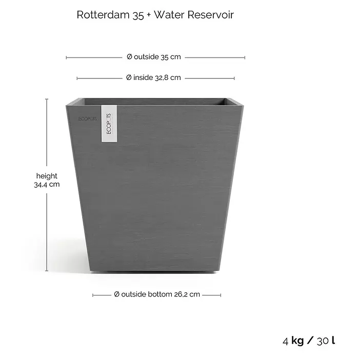 Ecopots Rotterdam Pflanzkasten mit Wasserspeicher - Außenmaß (L x B x H): 35 x 35 x 34,4 cm, Kunststoff, Grau - Dunkelgrauer ECOPOTS Rotterdam 35 Pflanzkübel mit integriertem Wasserreservoir, Maße, Gewicht und Volumen sind angegeben.