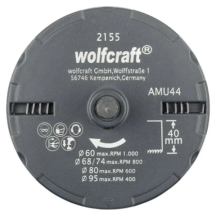 Wolfcraft Mehrkranzlochsäge - 5 -tlg., Arbeitsdurchmesser: 60 mm - 95 mm, Schnitttiefe: 40 mm - Nahaufnahme einer Wolfcraft AMU44 Schleifscheibe mit Herstellerinformationen und Sicherheitshinweisen.