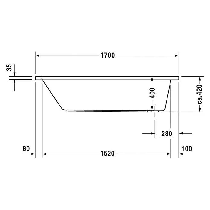 Duravit D-Code Badewanne - 170 x 75 cm, Sanitäracryl, Weiß, Position Ablauföffnung: Fußende - Abmessungen der Badewanne mit Länge 1700mm, Breite 1520mm und Höhe ca. 420mm.