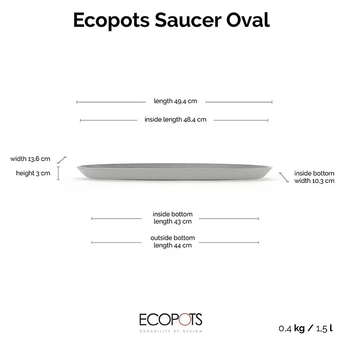 Ecopots Sofia Blumentopf-Untersetzer Lang - Außenmaß (L x B x H): 48,4 x 10,3 x 3 cm, Kunststoff, Weißgrau - Grauer Ecopots ovaler Untersetzer, mit verschiedenen Längen-, Breiten- und Höhenangaben. 0,4 kg / 1,5 l.