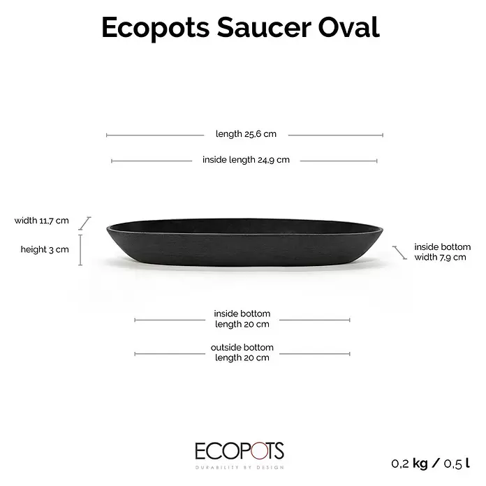 Ecopots Sofia Blumentopf-Untersetzer Oval - Außenmaß (L x B x H): 24,9 x 7,9 x 3 cm, Kunststoff, Dunkelgrau - Schwarzer ovaler Ecopots Untersetzer mit Maßangaben für Blumentöpfe.